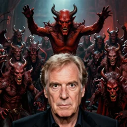 pat robertson with deep black eyes wide open as the devil lording over his army of demons, greg rutkowski, trending on artstation, 8 k