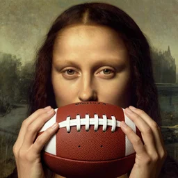 Olivia Newton-John holding football face close-up by Leonardo da Vinci