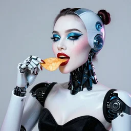 robot with makeup eating chips seductively