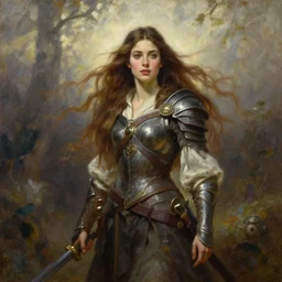 beautiful female warrior, long flowing hair, standing in a fantasy environment, realistic oil painting by Thomas Cole and Wayne Barlowe