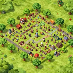 farmville meets clash of clans isometric ghibli overworld, gamemap layout