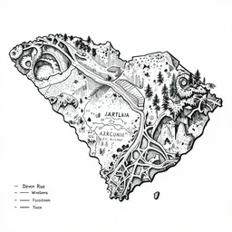 Map of a cave system under South Carolina, Ink drawing by Deven Rue, fine point pen