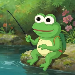 a wholesome animation key shot of pepe the frog fishing in a pond, medium shot, studio ghibli, pixar and disney animation, sharp, rendered in unreal engine 5, anime key art by greg rutkowski, bloom, dramatic lighting