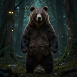 dark scene of a bear warrior, surrounded by glowing eyes in the forest, realistic shaded lighting poster by ilya kuvshinov katsuhiro otomo, magali villeneuve, artgerm, jeremy lipkin and michael garmash and rob rey