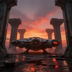 futuristic spaceship in the middle of the abandoned concrete temple, ground-level view, puddles of water, stunning volumetric lighting, sunset, trending on Artstation, 8k, photorealistic, hyper detailed, unreal engine 5, cinematic, epic lighting, cryengine, octane render, cyberpunk, red and orange glow, dark, gloomy, foggy