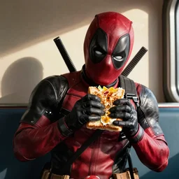 deadpool eating a subway sandwhich photorealistic