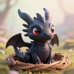 a portrait of a cute happy tiny black chibi dragon in a nest, detailed scales, red eyes, artstation, by magali villeneuve, depth of field, beautiful lighting, pastel colors, bokeh, fantasy art