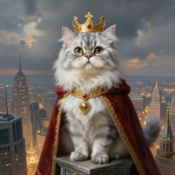 a fantasy painting of an anthropomorphic silver! brindle persian cat!!!!!! with big round eyes, as a renaissance king, standing on a skyscraper overlooking a vast city, cinematic, beautiful lighting, dramatic