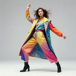 portrait of a fashion model exuberant surreal style, colorful, dynamic pose, beautiful realistic face, octane render, vray, detailed, wide angle, halftoned, editorial photography, matte print, grainy light, ( ( dither ) ), risograph, high contrast, screen print, rich grainy texture