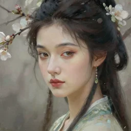 portrait of a graceful spring goddess, unusual beauty, esoteric, muted colors, head in focus, spring aesthetics, intricate details, elegant, highly detailed, hyperrealistic painting, artstation, concept art, painterly, sharp focus, illustration, art by masha kurbatova