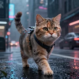 VFX movie of a futuristic cat walking through a cyberpunk city rainy night natural lighting by Emmanuel Lubezki