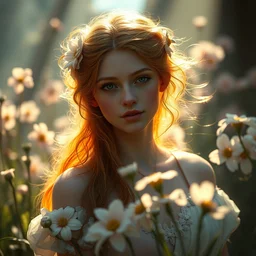 1 8 year old goddess of flowers. long ginger hair. atmospheric lighting. highly detailed digital painting by greg rutkowski. sharp focus, 8 k.