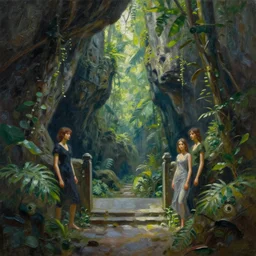 brightly lit entrance to a cave in an ancient jungle, highly detailed oil painting, impasto brush strokes, soft light, 8 k, cyberpunk colour palette, dramatic composition, dramatic lighting, sharp focus, concept art, masterpiece, by adrian ghenie and jenny saville and zhang jingna