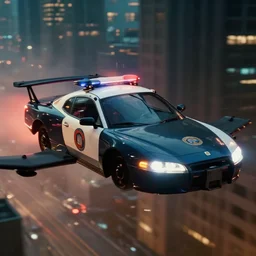 film still from blade runner, closeup of cyberpunk anti gravity police car flying through the city, global illumination, volumetric lighting