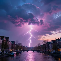 apocalyptic amsterdam with psychedelic clouds in the year 2 1 4 5. 4 k blue pink purple. ambient lightning, haze fog, glow, sunset