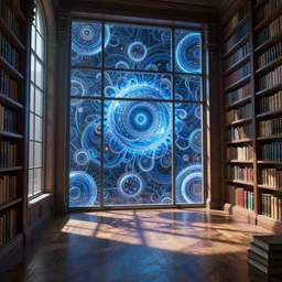 magical library, windows, cast shadows. fractal spheres. azure intricate environment, art by rossdraws, kim jung gi, peter mohrbacher, victo ngai, thomas kinkade, carl spitzweg, craig mullins. unreal engine 5, blender, octane, ray tracing, dramatic studio lighting, sharp focus, masterpiece, post processing
