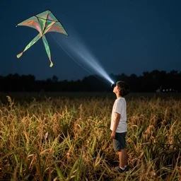 the boy is standing in the field looking at a kite with a camera beam over his head that is pointing into the field at night, in the
