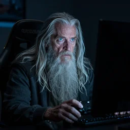 gandalf intensely focused playing Call of Duty on the xbox, sitting in a gamers chair, close up of face, high details, wrinkles, reflection in his eyes, shadows, low angle photograph, blue light from monitor, dark room, cold colors, photo by annie leibovitz