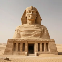 Giant statue above the crypt in the desert covered by sand. Dramatic, Cinematic, ArtStation, realistic photograph, ambient, light shades of colors, Unreal Engine 5, rendered by Octane.
