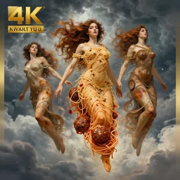 3 0 perfect woman bodies flying inside spaghetti bolognesa with meatballs and hundred rusted perfect woman bodies flying in stormy clouds by by jeremy mann and alphonse mucha, fantasy art, photo realistic, dynamic lighting, artstation, poster, volumetric lighting, very detailed faces, 4 k, award winning, hyper - realism