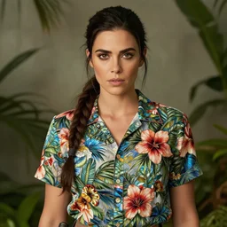 christian marie serratos as lara croft, wearing hawaiian floral shirt in stained galss look