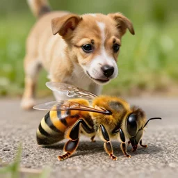 a dog stepping on a large visible bee