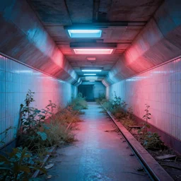 futuristic, pastel colors, hd 8 k, abandoned, overgrown, red blue studio lightning, subway station