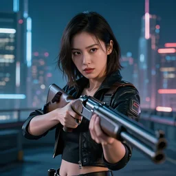 photographic portrait of a techwear woman holding a shotgun, closeup, on the rooftop of a futuristic city at night, 4k, depth of field, high resolution, full color, Die Hard, movies with guns, movie firearms, shotguns on pinterest