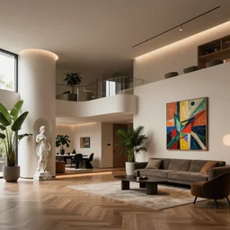 a stylish apartment interior, high tech, marble statue, plants, painting by Craig Mullins, warm moody lighting, wide angle lens, low level view, in the style of blade runner, trending on artstation, 8k,