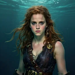 underwater steampunk pirate portrait of emma watson, au naturel, hyper detailed, digital art, trending in artstation, cinematic lighting, studio quality, smooth render, unreal engine 5 rendered, octane rendered, art style by klimt and nixeu and ian sprigger and wlop and krenz cushart.