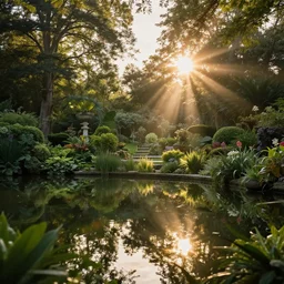 realistic 16k footage, serene beautiful landscape photography of the garden of eden. lake reflections in the foreground, sun rays shining through the trees. lens flare. sunset, dramatic lighting by Marc Adamus gyuri lohmuller.