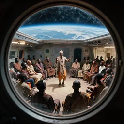 a analogue photo of an African tribal dj entertaining a crowd on a spaceship, planet earth seen from porthole window, wide angle, grungy
