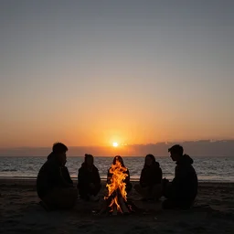 5 people's silhouette around a bonfire by the beach when the sun is almost set, nikon, dark, inspirational photography, realistic, 8 k, extreme detail