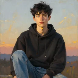 androgynous young man with short black hair, light blue eyes, glowing, golden hour, wearing jeans and a black hoodie, realistic painting by ross tran and gerald brom and alphonse mucha, trending on artstation