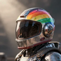 futuristic rainbow steamboat helmet with visor, metal and plastic detail, 3d render