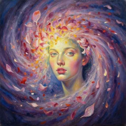 Flower storm portrait, vortex of petals and radiant light, in the style of Jenny Saville, highly detailed palette knife oil painting