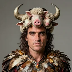 a hyper detailed portrait of joaquin phoenix with a crown made of animals, cow horns, pig nose, sheep wool, chicken feather armor, by anna podedworna, by miklos ligeti, by diego maricato, by taran fiddler, by antonino truisi, by chris reddie, by jinsung lim, trending on artstation