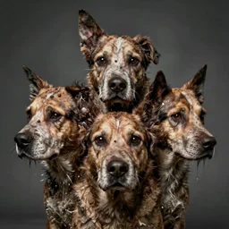 creepy photograph of a dog with three heads, vhs, extremely detailed, very scary, surreal