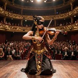 craig mullins and ghibli digital art of masked female violinist, exotic costumes, gold jewelry, black hair, theater, large audience, solo on stage unreal engine, hyper realism, realistic shading, cinematic composition, realistic render, octane render, detailed textures, photorealistic, wide shot