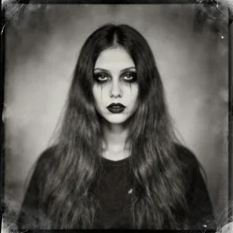 eery evil ghost girl with long hair, horrorific, old blurred tintype photo with cratches,