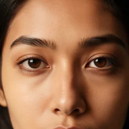 extreme close - up shot, studio photography portrait of a beautiful indian and southeast asian woman, light brown eyes, in the style of saul leiter, intricate details, depth of field, warm lighting, 2 4 mm, 8 k