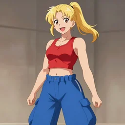an athletic young woman with blonde ponytails, a happy and enthusiastic expression, wearing a red tank top and voluminous blue pants, medium shot, digitally painted anime portrait, soft lighting