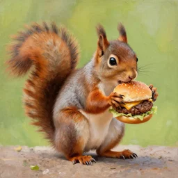 a painting of a squirrel eating a burger