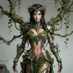 full body portrait of a beautiful oriental cyborg warrior woman, green eyes, gold lips, entwined in branches, ivy and vines, thorn crown, highly detailed, sci - fi, intricate, decadent, highly detailed, octane render, concept art, smooth, sharp focus, hyper - realistic
