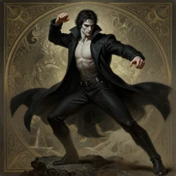 elegant renaissance concept art of a male young muscular neo from matrix 1 as sandman from vertigo comics, with, full figure dynamic fighting pose, pale skin!, gothic, black overcoat, fantasy, intricate, highly detailed, digital painting, artstation, smooth, sharp focus, illustration, art by artgerm and greg rutkowski and alphonse mucha