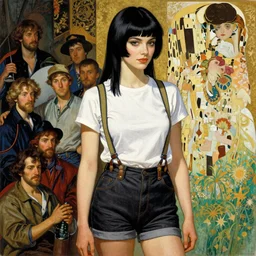 a woman with black hair and long pixie haircut in shorts with suspenders and white t-shirt drawn by frank frazetta, gustave caillebotte, Alexandre Cabanel, norman rockwell, hajime sorayama, maler collier, peter paul rubens, alphonse mucha, gustav klimt 4k, unreal 5, DAZ, french noveau, trending on artstation, octane render, hyperrealistic