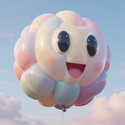 giant, massive, detailed, shiny, 3 d, pastel, blowup balloon character with eyes and mouth, twisting geometry, floating in a painted sky, cinematic, 4 k by'eva cremers'and'lesley barnes'