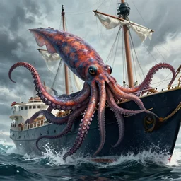 a giant squid attacking a ship, its tentacles wrapping around the ship, tentacles coming out of the water, epic battle, trending on artstation, highly detailed, dramatic lighting