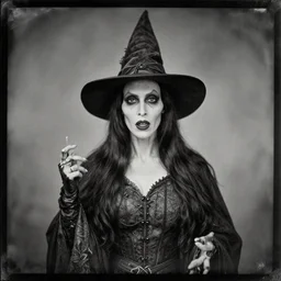 daguerreotype ambrotype of the old witch with terror aspect, memento mori, very detailed morticia,