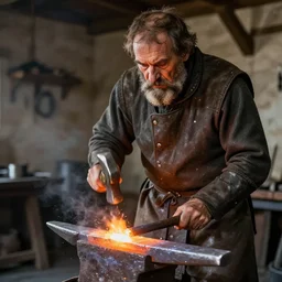 a old grumpy blacksmith hammering away on burned metal, realistic, hdr, clear image, hdd, medival,